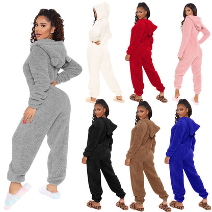 Women Long Sleeve Hooded Plush Casual Jumpsuits Pajamas