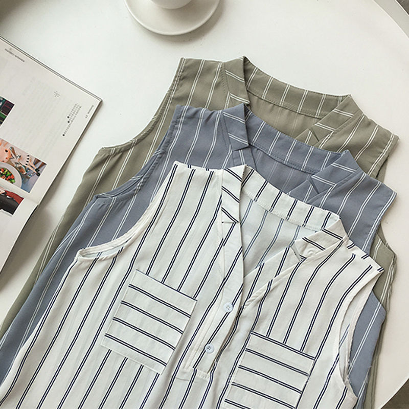 Blusa de gasa holgada informal de verano con cuello en V y rayas sin mangas para mujer
