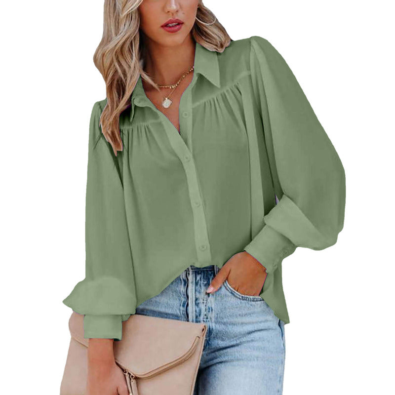Casual Elegant Women Office Chic Solid Color Lapel Shirt Blouse