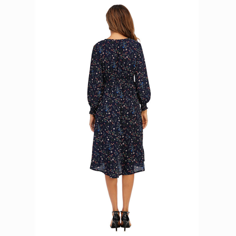 Vestido midi informal de gasa con estampado floral, escote en V y manga larga para mujer