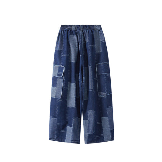 Pantalones cargo vaqueros holgados informales con parches y costuras para mujer, de pierna ancha y múltiples bolsillos