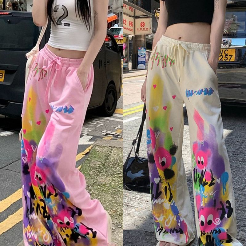 Pink Wide Leg Summer Loose High Waist Graffiti Casual Pants