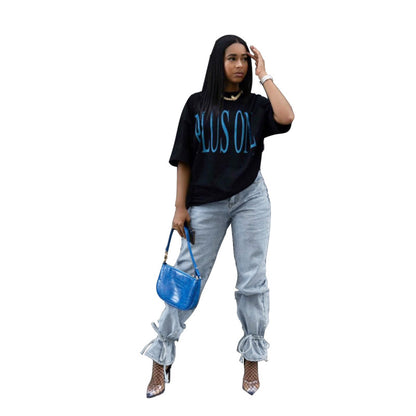 Vaqueros ajustados con volantes de color liso para mujer