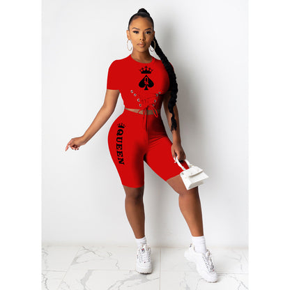 Women Fashion Black Q Poker Queen Printed Casual Summer T-Shirt And Shorts Set