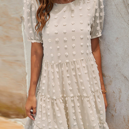 Vestido liso holgado de jacquard con mangas abullonadas y cuello redondo informal de verano para mujer