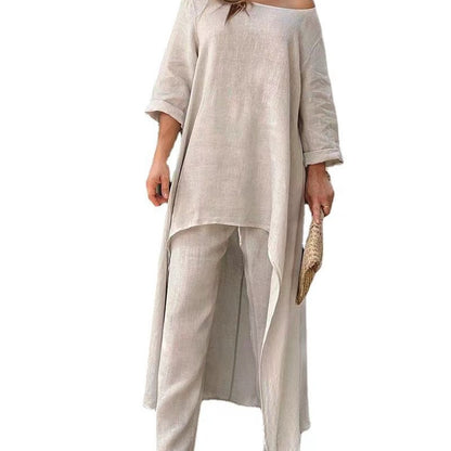 Conjunto de top y pantalones anchos de manga larga irregulares de algodón y lino de color liso informal para mujer