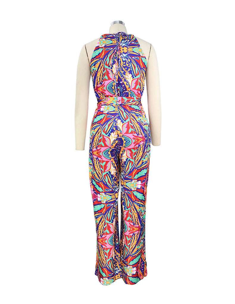 Women Casual Fashion Vacation Boho Sleeveless Printing Wide Leg Jumpsuit