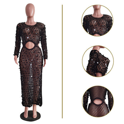 Vestido informal de punto con lentejuelas y manga larga para mujer