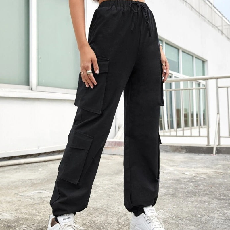 Women Solid Color Elastic High Waist Loose Casual Sports Pants