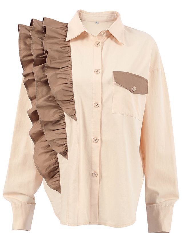 Fashion Office Women Unique Loose Contrast Color Ruffled Long Sleeve Casual Lapel Shirt Blouse