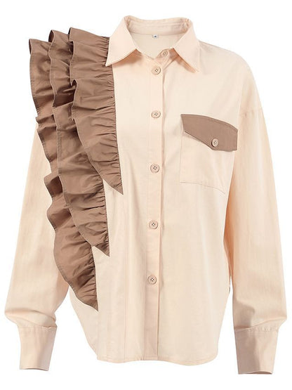 Fashion Office Women Unique Loose Contrast Color Ruffled Long Sleeve Casual Lapel Shirt Blouse