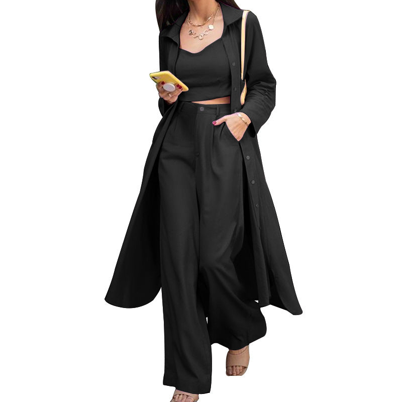 Elegante gabardina informal lisa para mujer, top corto, pantalones de pierna ancha, conjunto de trabajo