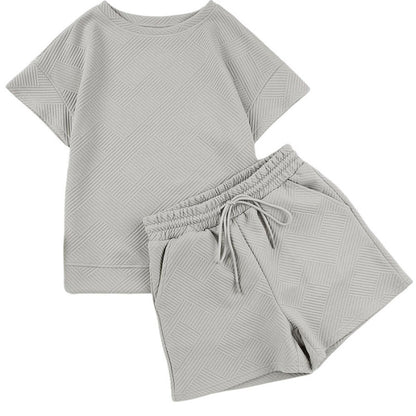 Women Fashion Casual Solid Color Plaid Short Sleeve Blouse And Shorts Set