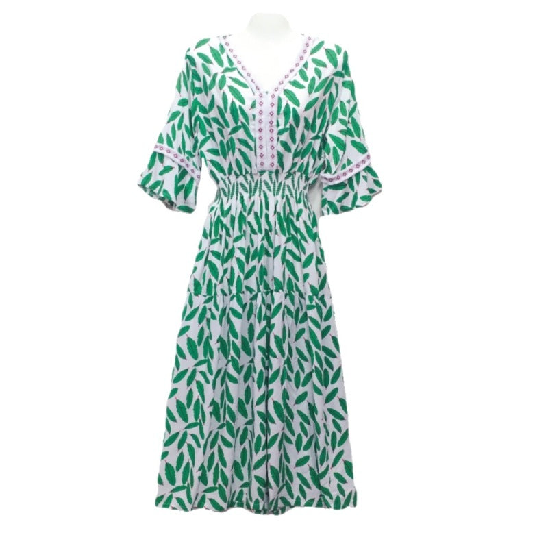 Vestido midi holgado informal de verano con cuello en V y mangas acampanadas para mujer