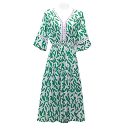 Vestido midi holgado informal de verano con cuello en V y mangas acampanadas para mujer