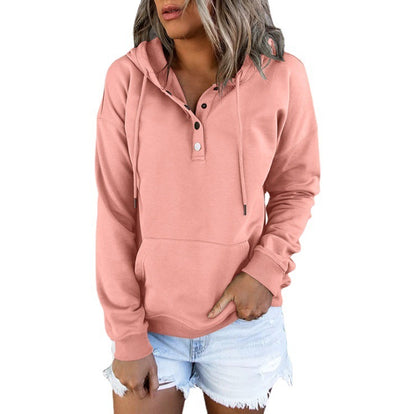 Sudadera con capucha básica informal de manga larga con bolsillo suelto y cuello en V para mujer