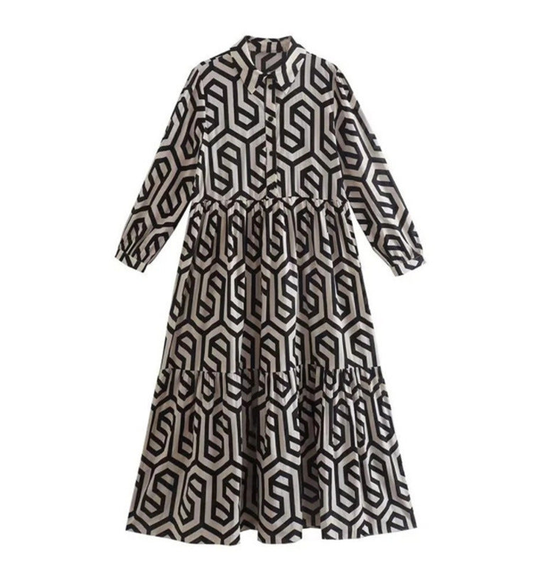 Women'S Fashion Boho Casual Geometric Pattern Printing Long Sleeve Lapel Single-Breasted Loose Dress