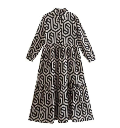 Women'S Fashion Boho Casual Geometric Pattern Printing Long Sleeve Lapel Single-Breasted Loose Dress