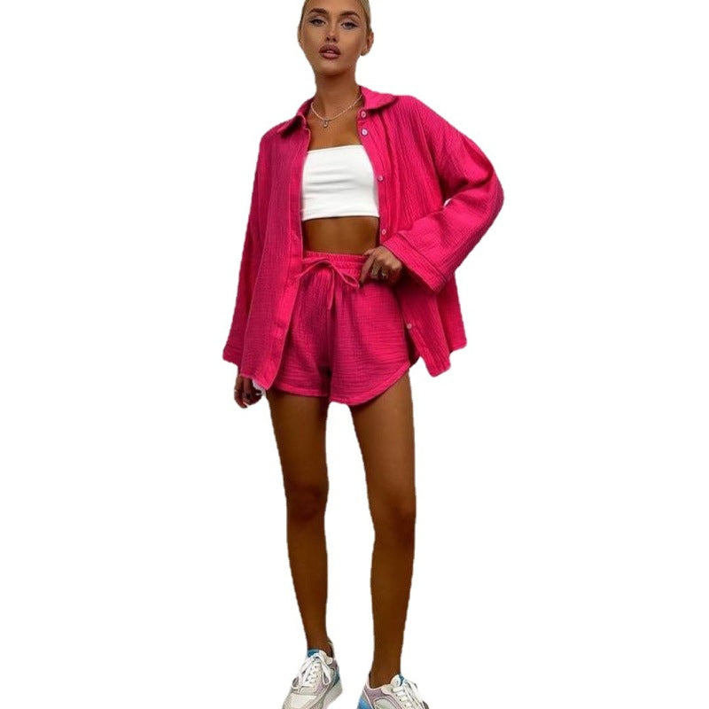 Conjunto de dos piezas de camisa y pantalones cortos de manga larga de color liso informal para mujer