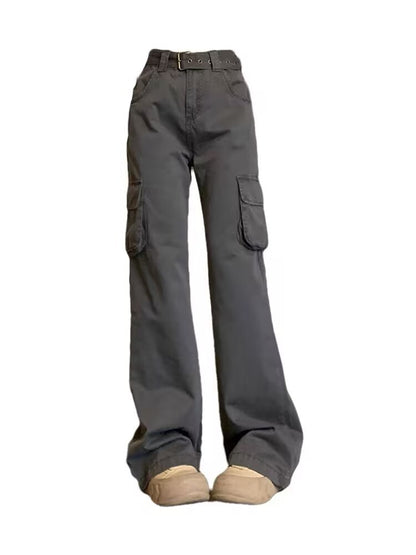 Retro Casual Women High Waist Spice Solid Color Pocket Cargo Pants