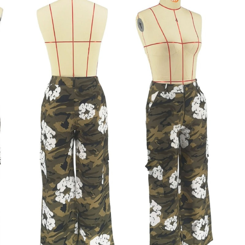 Women Fashion Street Casual Camouflage Printed Cargo Straight Pants