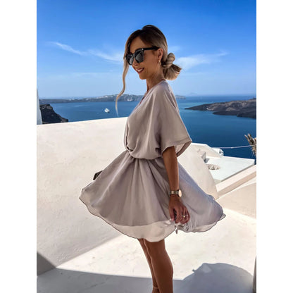 Spring Summer Solid Color Satin Loose Casual Vacation V Neck Dress