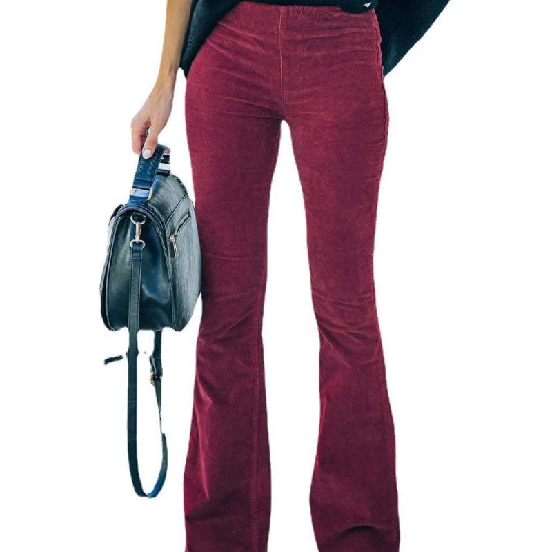 Women Solid Color High Waist Slim Fit Micro-Flare Elastic Waist Casual Pants