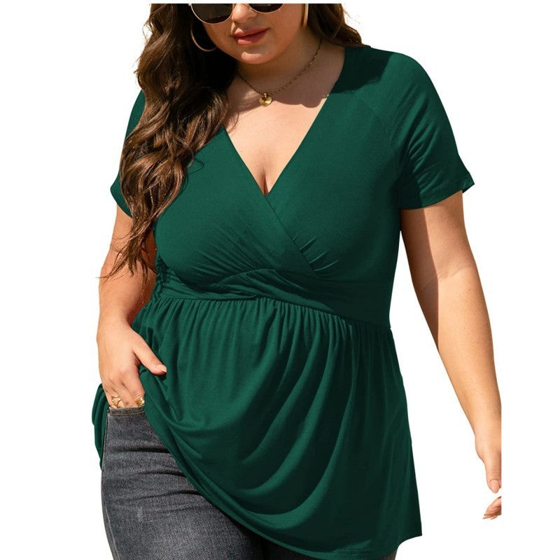 Women Fashion Casual Solid Color V-Neck Short Sleeve Plus Size Top