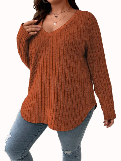 Women Fashion Casual Solid Color Rib-Knit Long Sleeve Plus Size Top