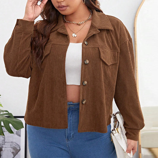Chaqueta informal de pana con solapa y botonadura sencilla para mujer, talla grande