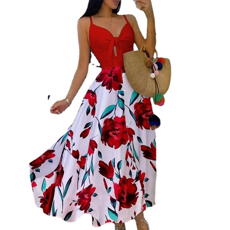Women Casual Sexy Vacation Floral Print Knit Strap Swing Maxi Dress