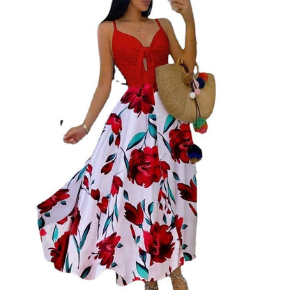 Women Casual Sexy Vacation Floral Print Knit Strap Swing Maxi Dress