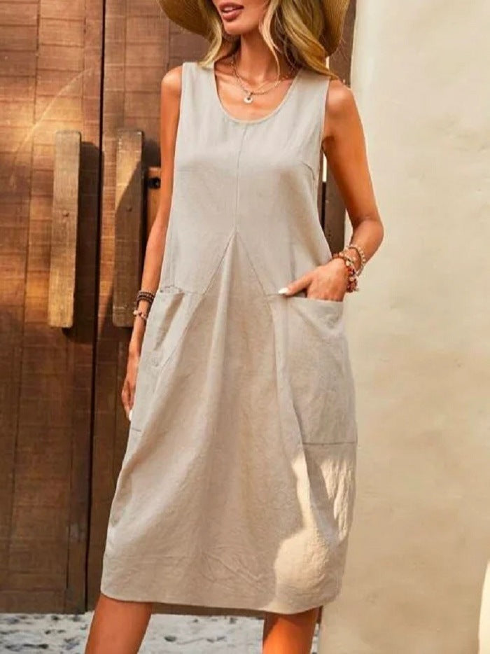 Women Casual Solid Color Cotton Linen Sleeveless Loose U-Neck Dress