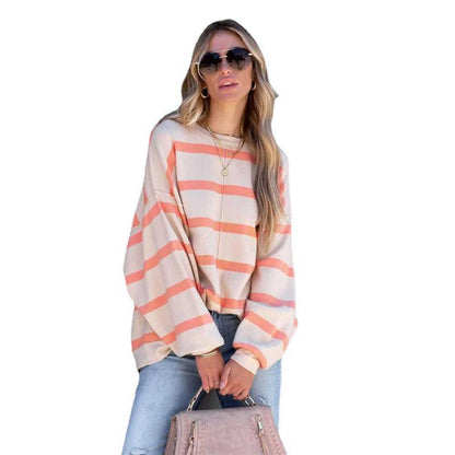 Autumn And Winter Fashion Stripe Print Long-Sleeved Casual Loose Top
