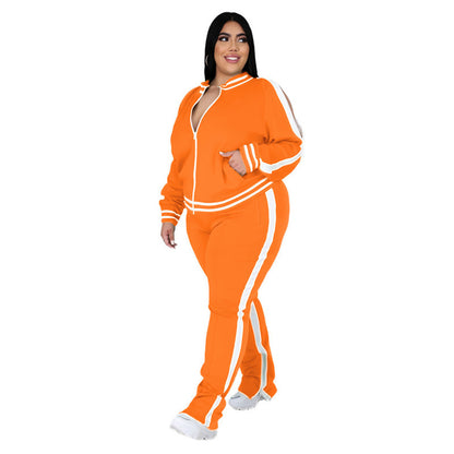 Conjunto de top y pantalón deportivo informal de talla grande para mujer, de manga larga, con cremallera y bloques de color