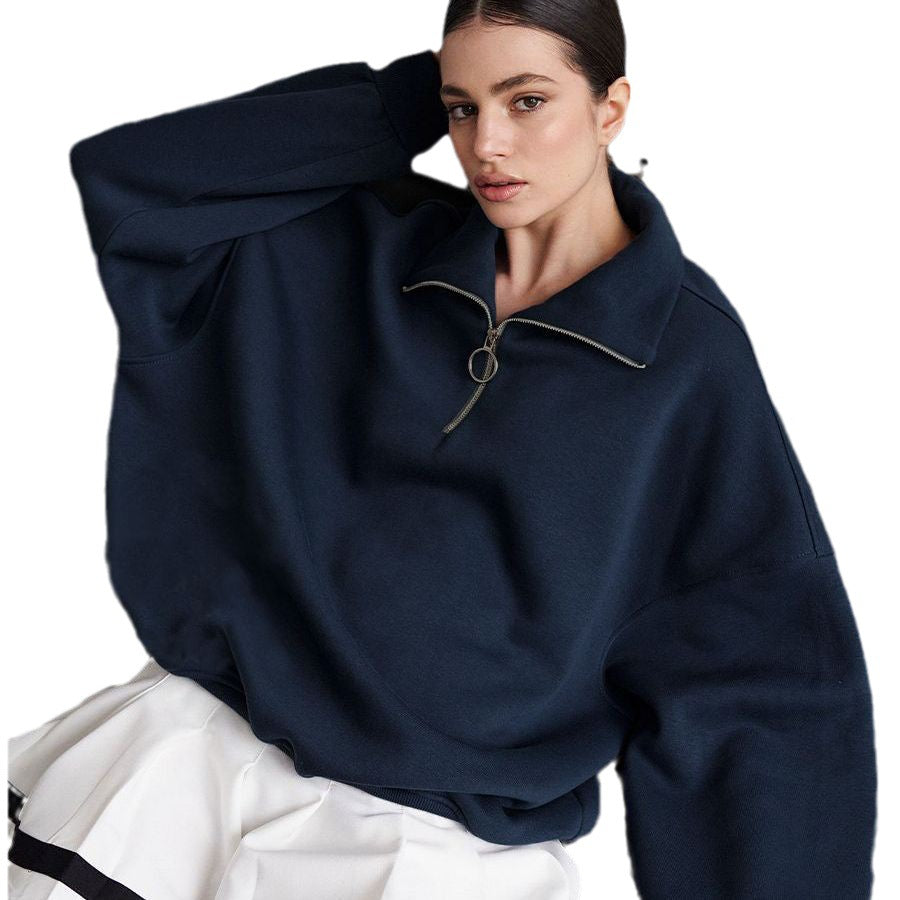 Sudadera de manga larga con cremallera y solapa informal para mujer, moda Otoño Invierno