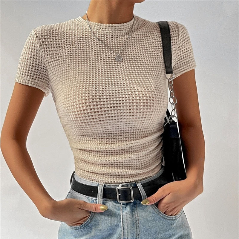 Women Fashion Casual Round Neck Knitted Short Sleeve Top