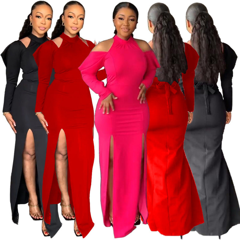 Women Fashion Casual Sexy Solid Color Cool-Shoulder Slit Invisible Zipper Maxi Dress Long Skirt With Belt