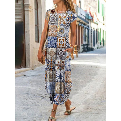 Vestido largo informal de manga corta con cuello redondo y estampado floral geométrico para mujer