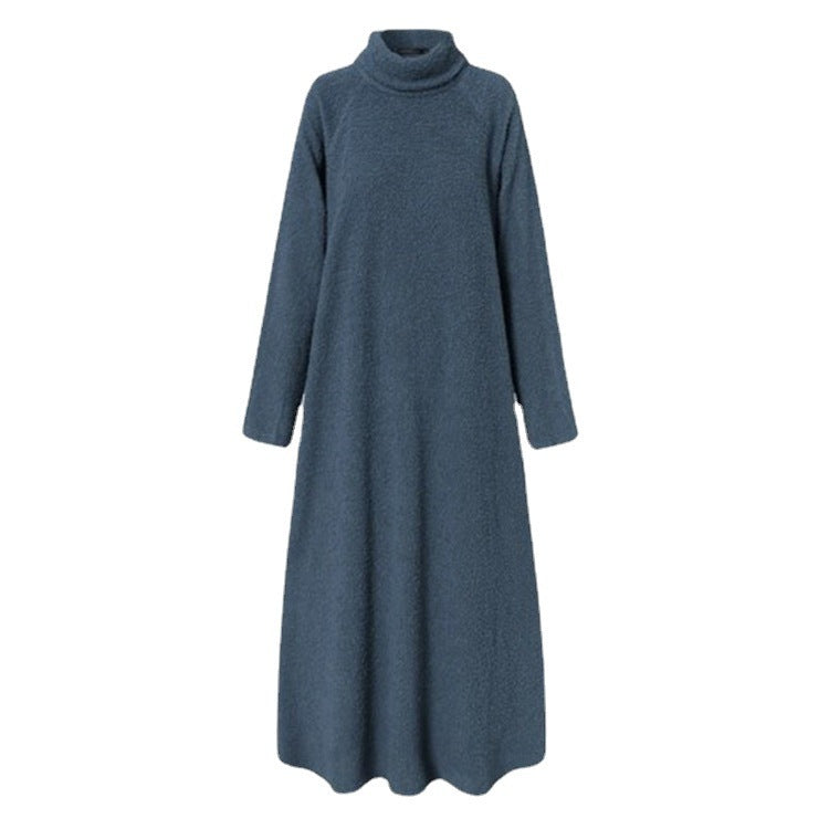 WomenAutumn And Winter Fashion Casual Plush Solid Color High Collar Long Sleeve Maxi Dress