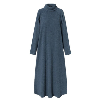 WomenAutumn And Winter Fashion Casual Plush Solid Color High Collar Long Sleeve Maxi Dress