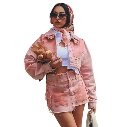 Conjunto de falda vaquera con solapa en contraste informal de otoño para mujer