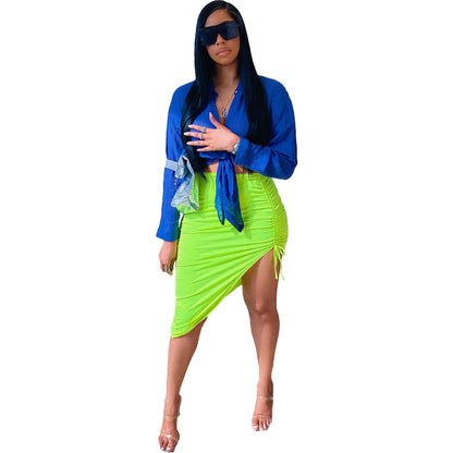 Women Solid Color Irregular Drawstring Casual Slim Skirt