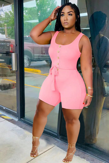 Women Solid Color Splicing Casual Sleeveless Belt Rompers