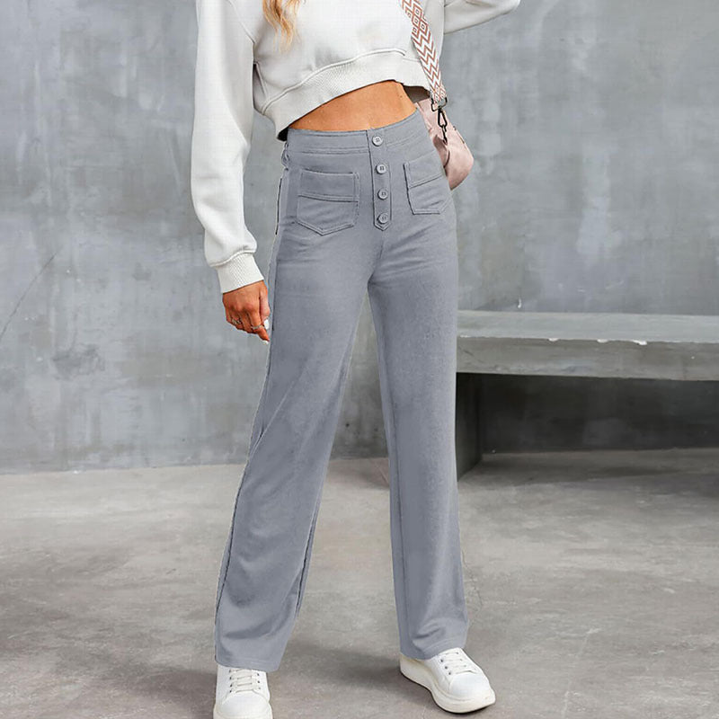 Fashion Women Casual Straight High Waist Button Elastic Multiple Pockets Pants