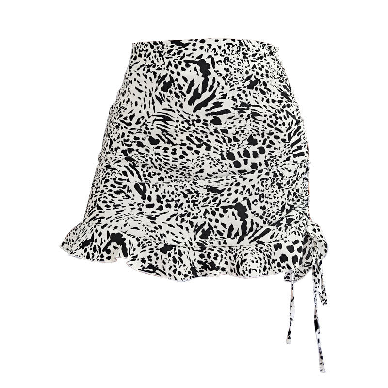 Women Leopard Print Drawstring Ruffle High Waist Casual Skirt