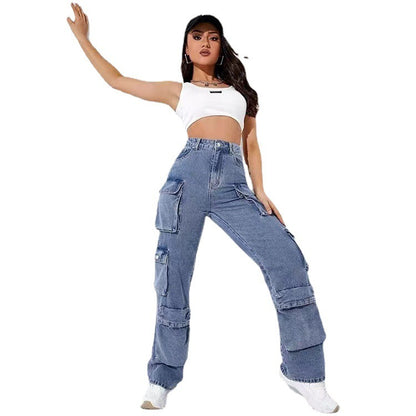 Pantalones vaqueros cargo casuales con múltiples bolsillos para mujer