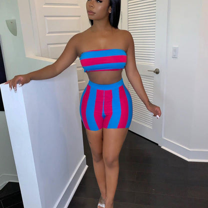 Conjunto de dos piezas formado por top de tubo y pantalones cortos informales a rayas sexys para mujer