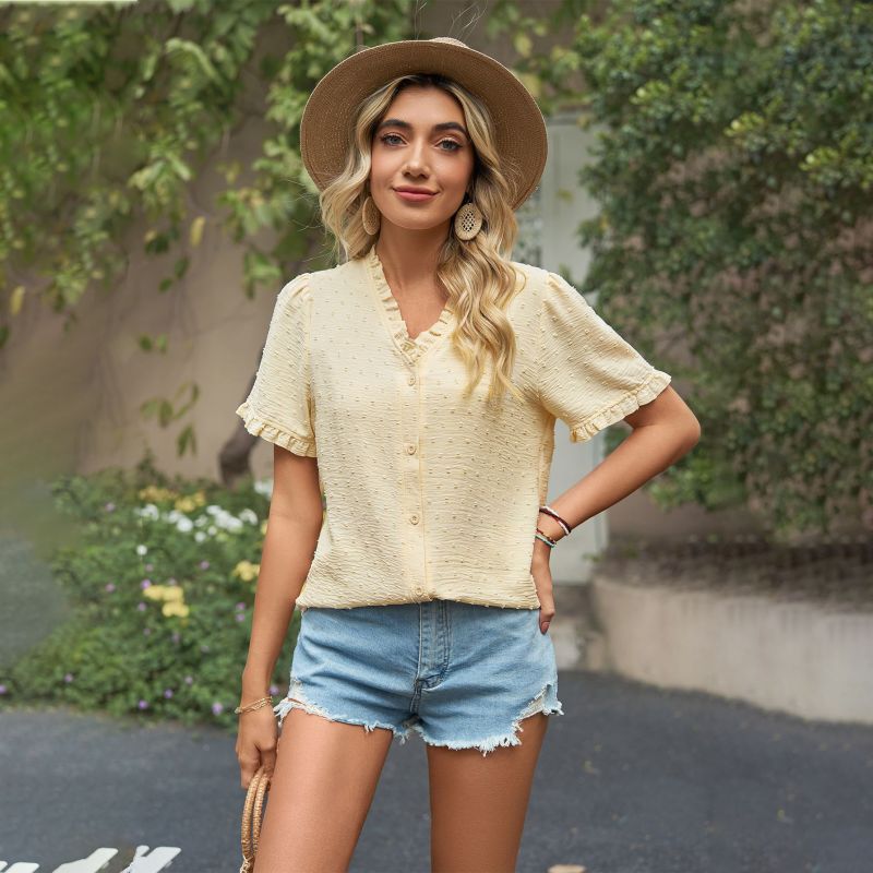 Blusa informal de verano para mujer, de gasa, con cuello en V, floral, de manga corta y color liso