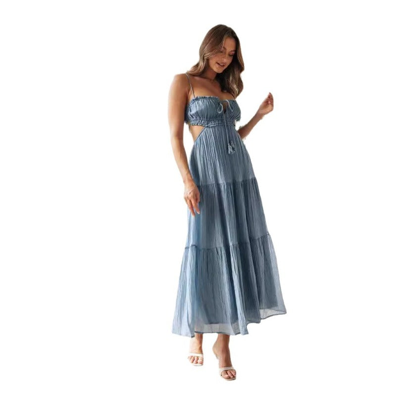 Women Fashion Casual Solid Color Strap Backless Hollow Maxi Dress